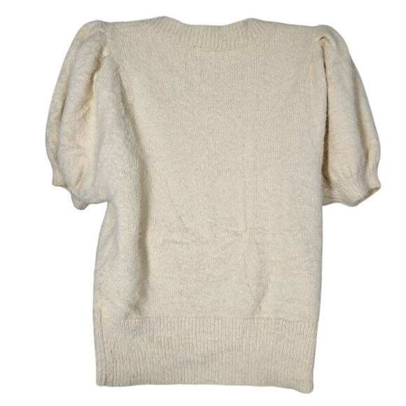 ASTR The Label Womens Puff Sleeve V-Neck Sweater Fuzzy Eyelash Knit Top Cream S - Picture 2 of 9